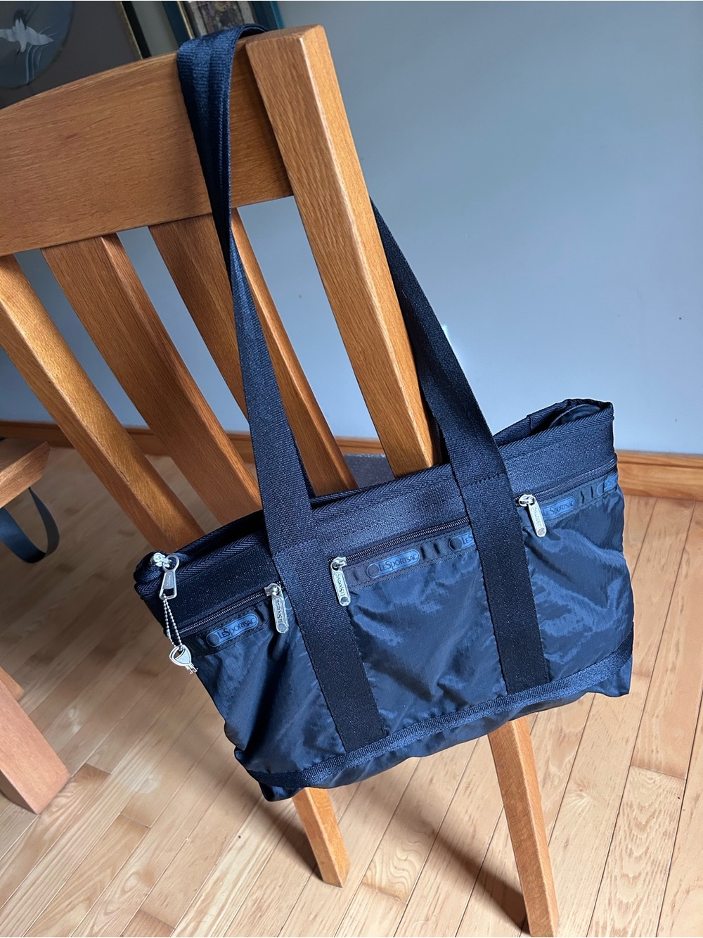 Black Nylon Messenger Tote Bag with Front Zip Pockets
